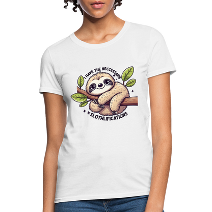 I Have The Neccessary Slothlifications Women's Contoured T-Shirt (Cute Sloth Hugging a Tree) - white