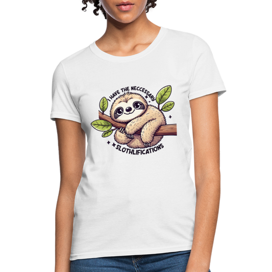 I Have The Neccessary Slothlifications Women's Contoured T-Shirt (Cute Sloth Hugging a Tree) - white