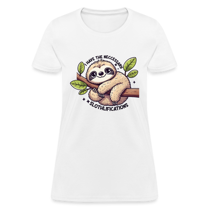 I Have The Neccessary Slothlifications Women's Contoured T-Shirt (Cute Sloth Hugging a Tree) - white