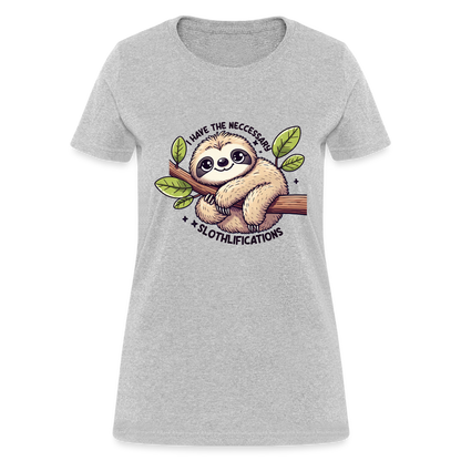 I Have The Neccessary Slothlifications Women's Contoured T-Shirt (Cute Sloth Hugging a Tree) - heather gray