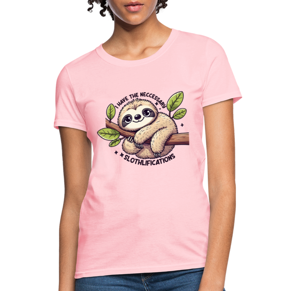 I Have The Neccessary Slothlifications Women's Contoured T-Shirt (Cute Sloth Hugging a Tree) - pink