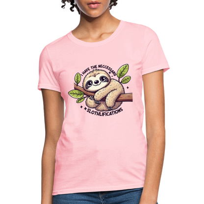 I Have The Neccessary Slothlifications Women's Contoured T-Shirt (Cute Sloth Hugging a Tree) - pink