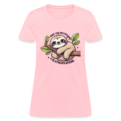 I Have The Neccessary Slothlifications Women's Contoured T-Shirt (Cute Sloth Hugging a Tree) - pink