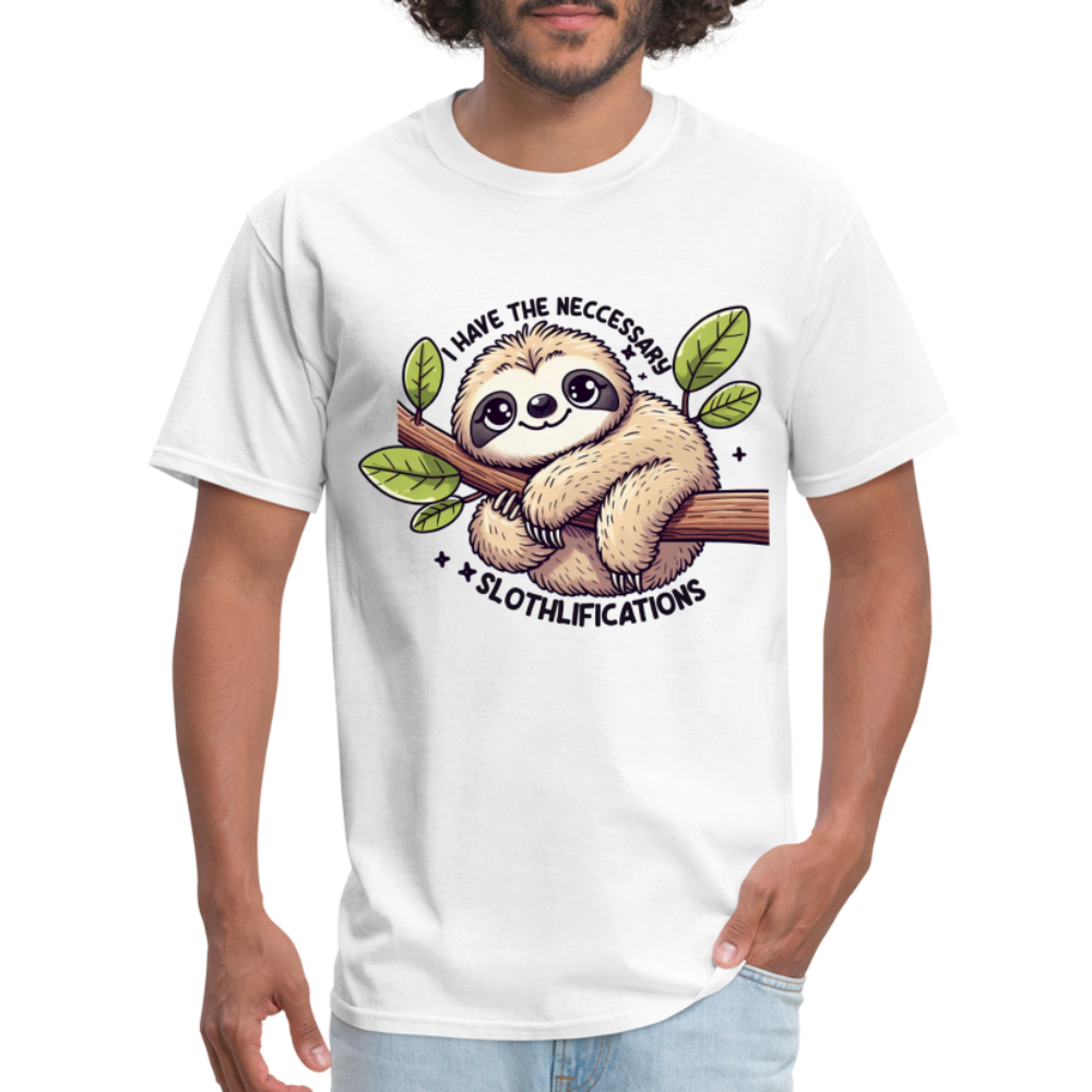 I Have The Neccessary Slothlifications T-Shirt (Sloth Hugging a Tree) - white