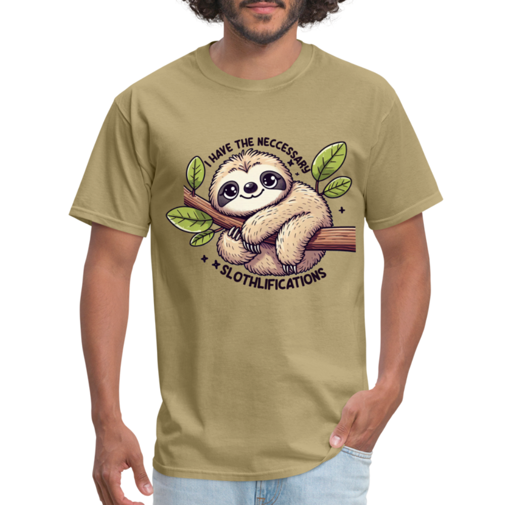 I Have The Neccessary Slothlifications T-Shirt (Sloth Hugging a Tree) - khaki