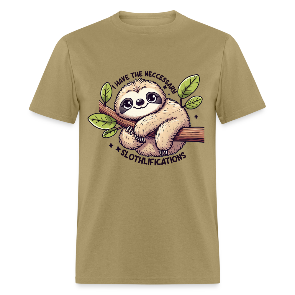 I Have The Neccessary Slothlifications T-Shirt (Sloth Hugging a Tree) - khaki