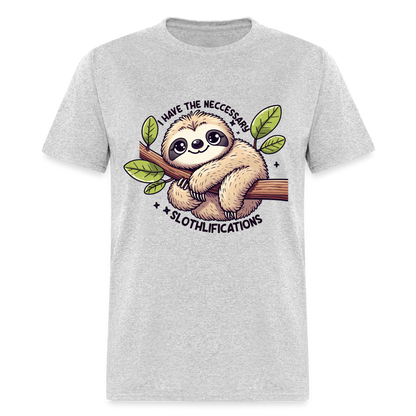 I Have The Neccessary Slothlifications T-Shirt (Sloth Hugging a Tree) - heather gray