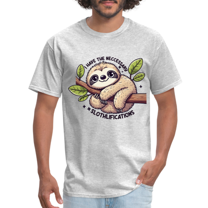 I Have The Neccessary Slothlifications T-Shirt (Sloth Hugging a Tree) - heather gray