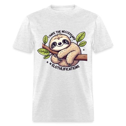 I Have The Neccessary Slothlifications T-Shirt (Sloth Hugging a Tree) - light heather gray