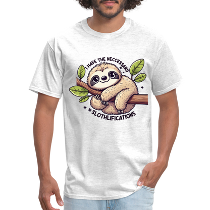 I Have The Neccessary Slothlifications T-Shirt (Sloth Hugging a Tree) - light heather gray