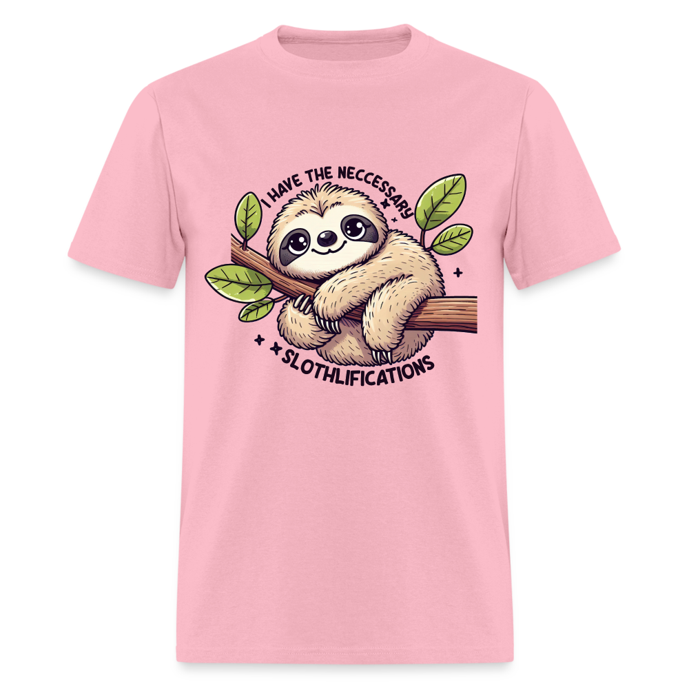 I Have The Neccessary Slothlifications T-Shirt (Sloth Hugging a Tree) - pink