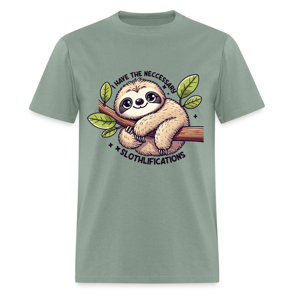 I Have The Neccessary Slothlifications T-Shirt (Sloth Hugging a Tree) - sage