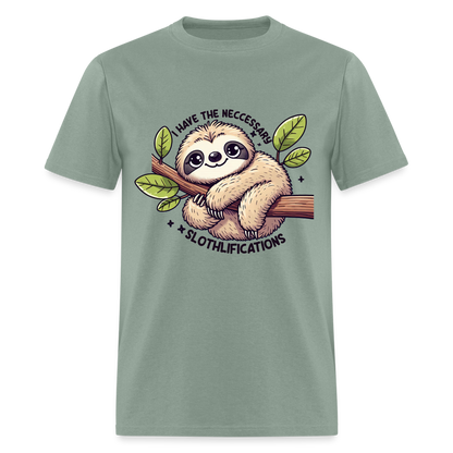 I Have The Neccessary Slothlifications T-Shirt (Sloth Hugging a Tree) - sage