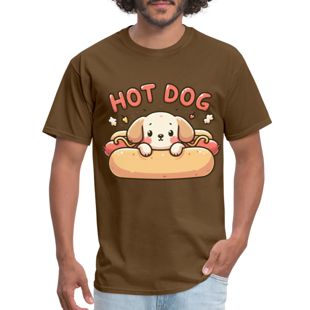 Hot Dog T-Shirt with Cute Puppy inside Hot Dog Bun - brown