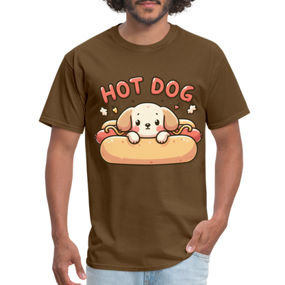 Hot Dog T-Shirt with Cute Puppy inside Hot Dog Bun - brown