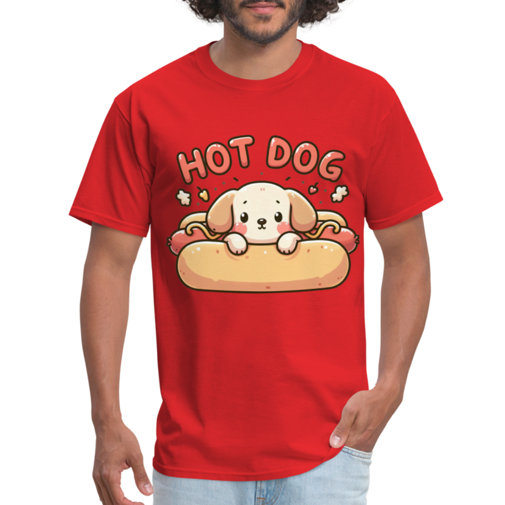 Hot Dog T-Shirt with Cute Puppy inside Hot Dog Bun - red