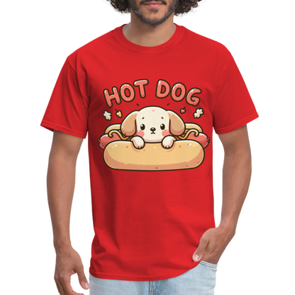 Hot Dog T-Shirt with Cute Puppy inside Hot Dog Bun - red