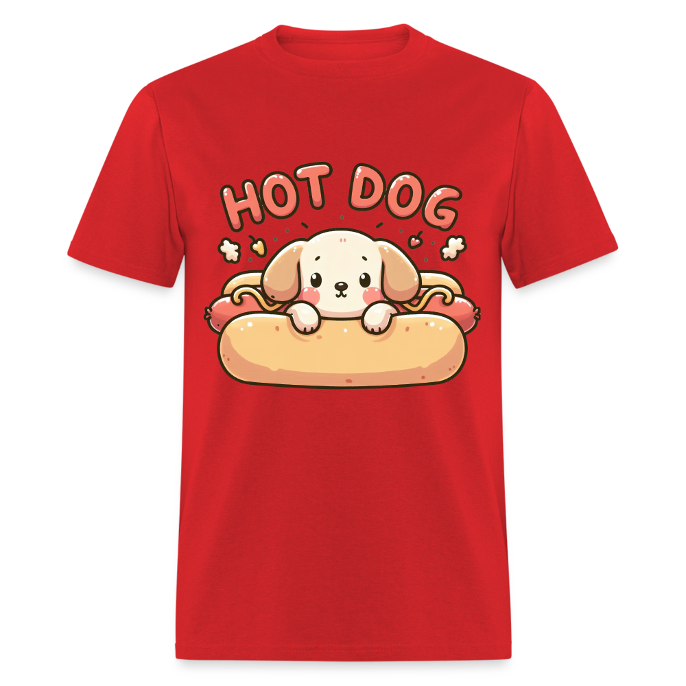 Hot Dog T-Shirt with Cute Puppy inside Hot Dog Bun - red