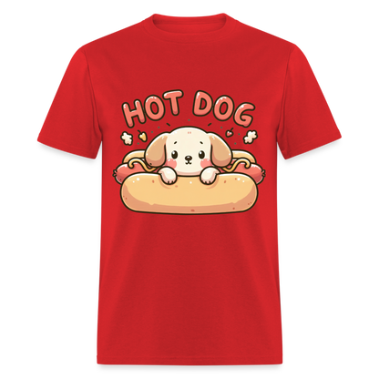 Hot Dog T-Shirt with Cute Puppy inside Hot Dog Bun - red