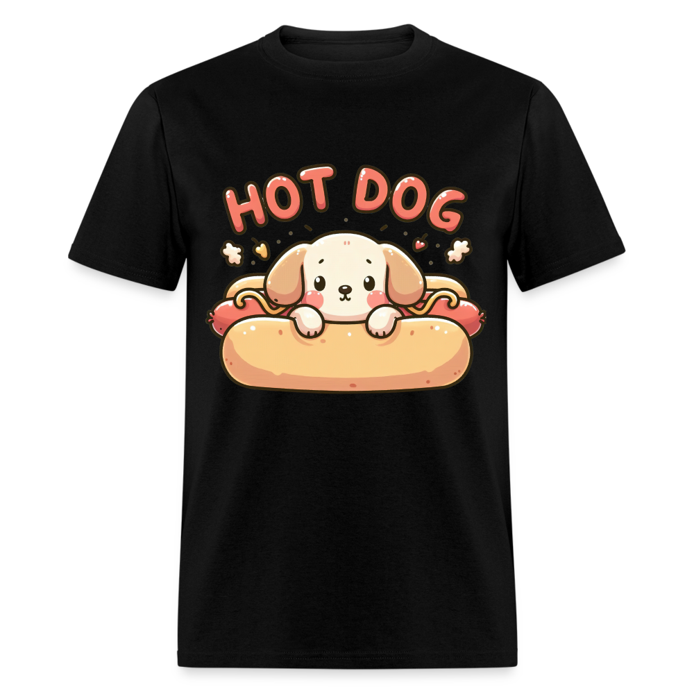 Hot Dog T-Shirt with Cute Puppy inside Hot Dog Bun - black