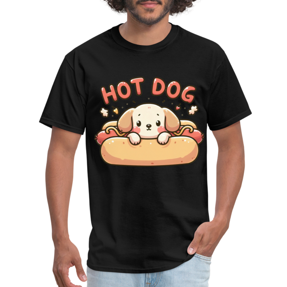 Hot Dog T-Shirt with Cute Puppy inside Hot Dog Bun - black