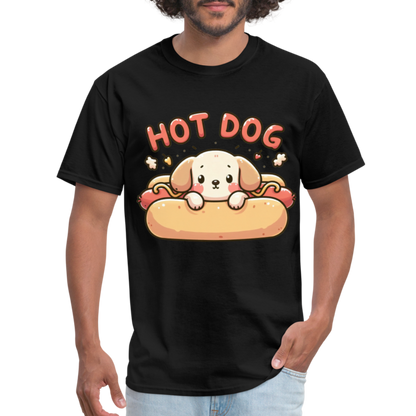 Hot Dog T-Shirt with Cute Puppy inside Hot Dog Bun - black