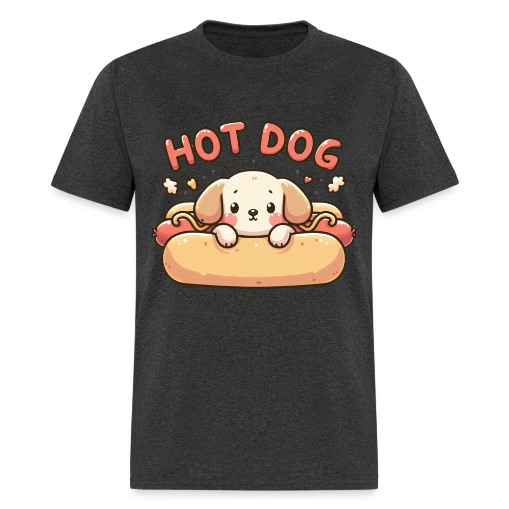 Hot Dog T-Shirt with Cute Puppy inside Hot Dog Bun - heather black