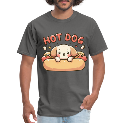 Hot Dog T-Shirt with Cute Puppy inside Hot Dog Bun - charcoal