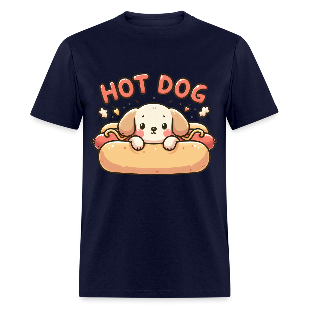 Hot Dog T-Shirt with Cute Puppy inside Hot Dog Bun - navy