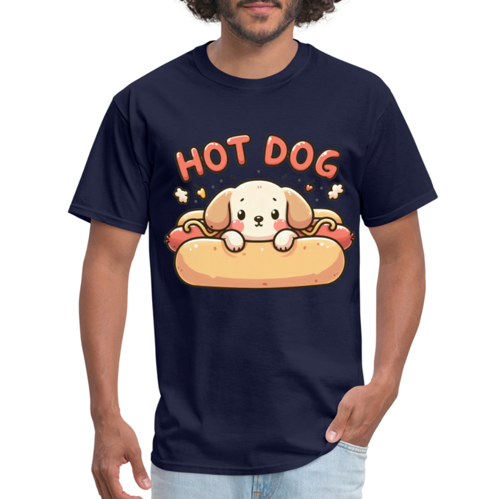 Hot Dog T-Shirt with Cute Puppy inside Hot Dog Bun - navy