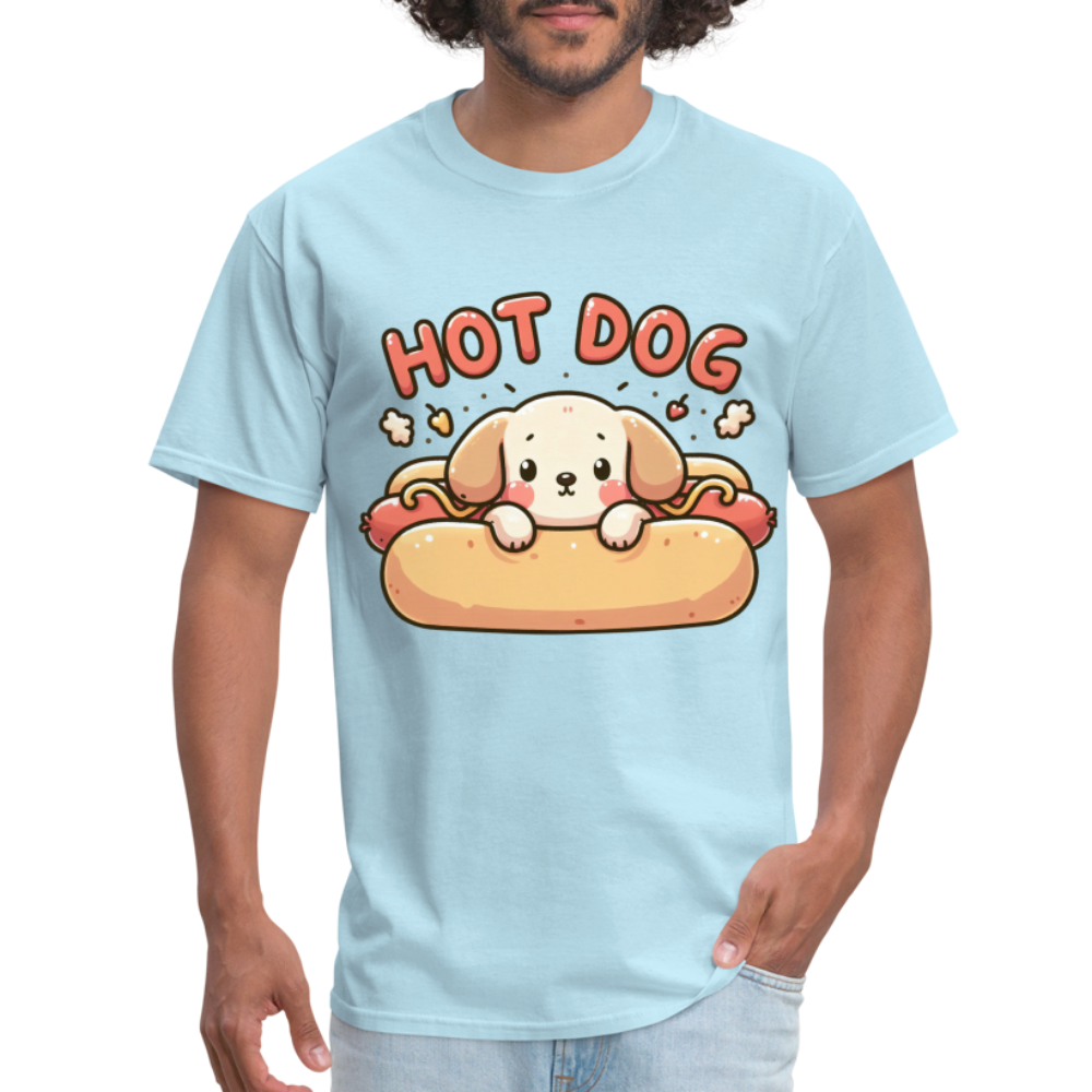 Hot Dog T-Shirt with Cute Puppy inside Hot Dog Bun - powder blue