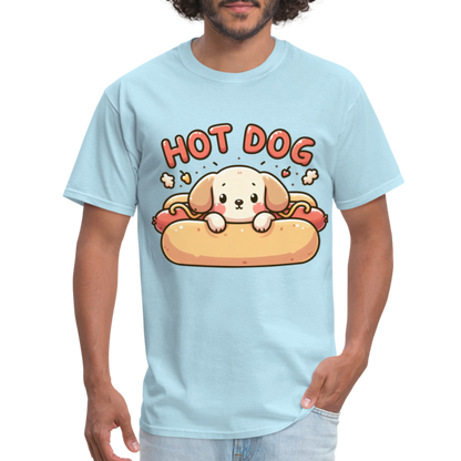 Hot Dog T-Shirt with Cute Puppy inside Hot Dog Bun - powder blue