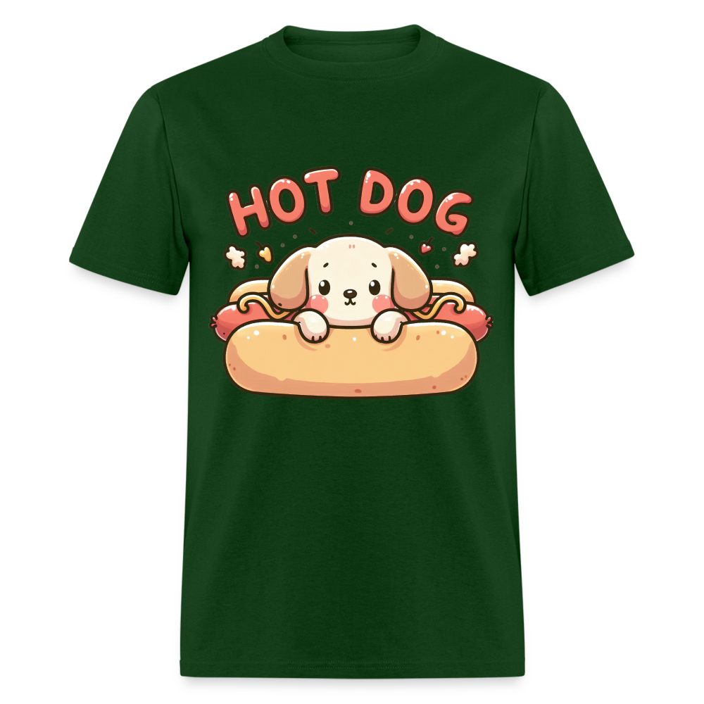 Hot Dog T-Shirt with Cute Puppy inside Hot Dog Bun - forest green