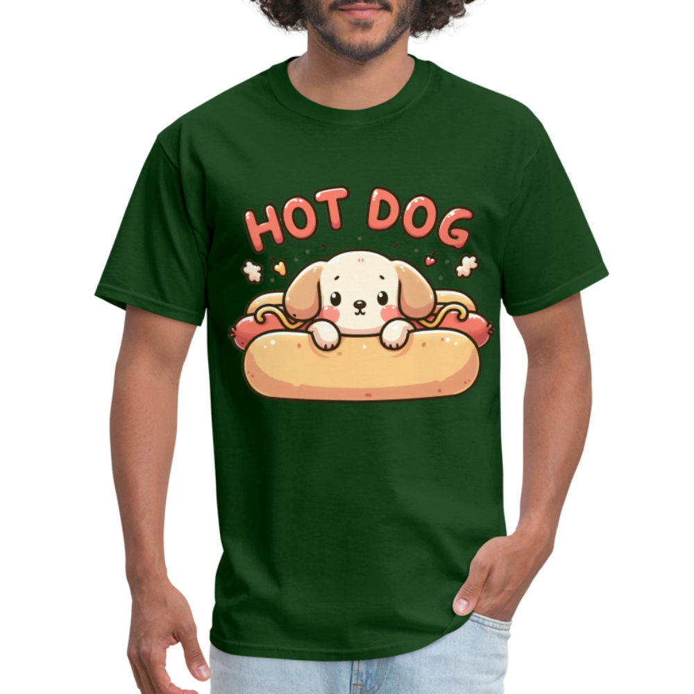 Hot Dog T-Shirt with Cute Puppy inside Hot Dog Bun - forest green