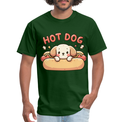 Hot Dog T-Shirt with Cute Puppy inside Hot Dog Bun - forest green