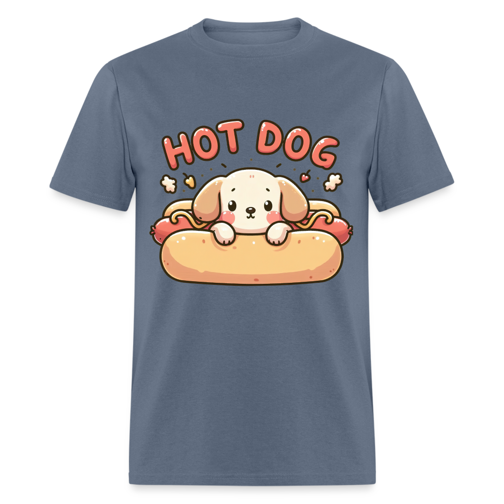 Hot Dog T-Shirt with Cute Puppy inside Hot Dog Bun - denim