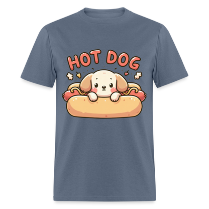 Hot Dog T-Shirt with Cute Puppy inside Hot Dog Bun - denim