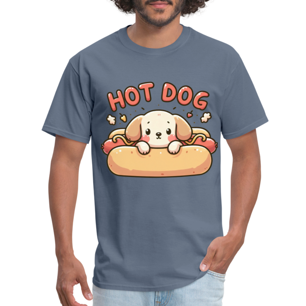 Hot Dog T-Shirt with Cute Puppy inside Hot Dog Bun - denim