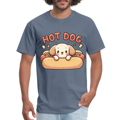 Hot Dog T-Shirt with Cute Puppy inside Hot Dog Bun - denim