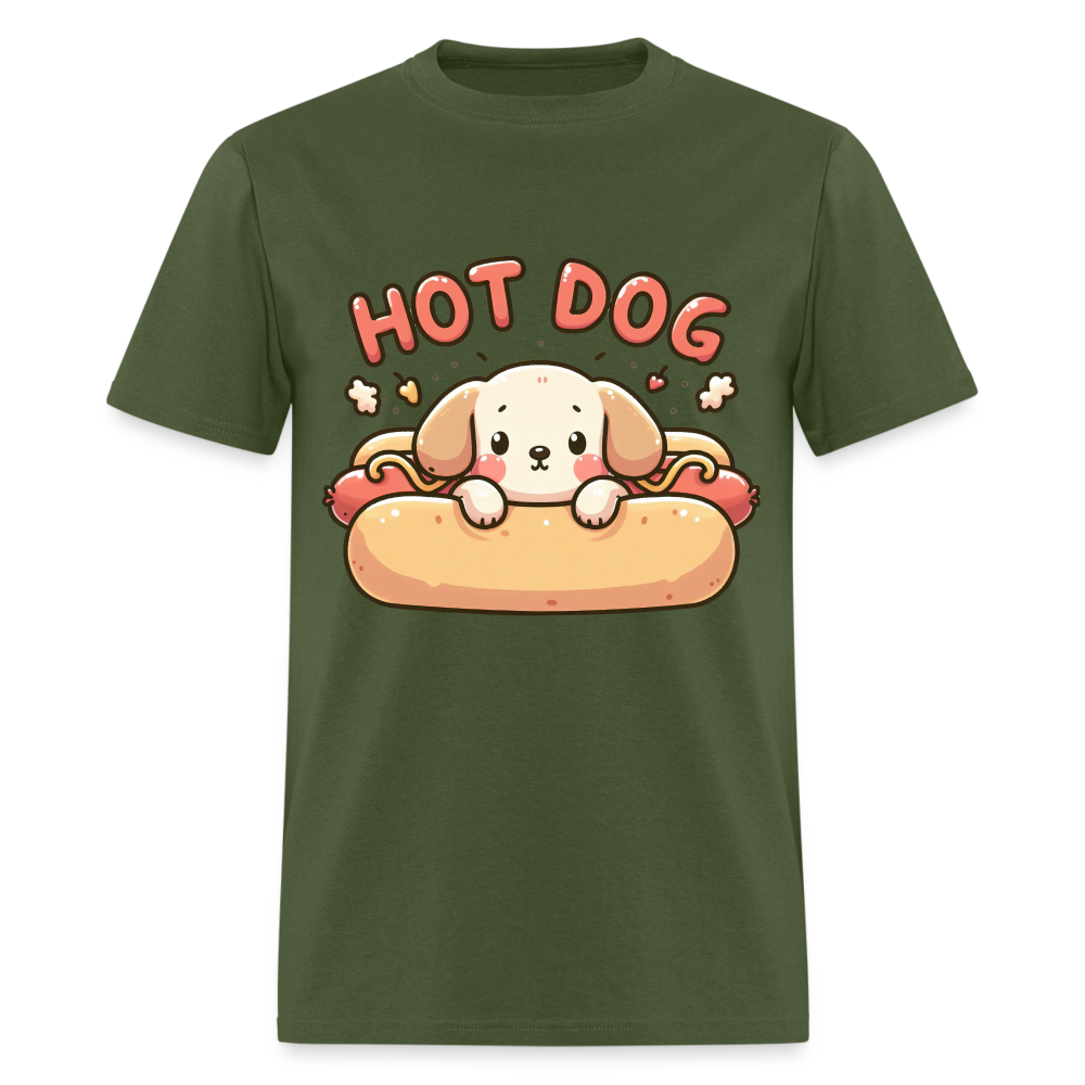 Hot Dog T-Shirt with Cute Puppy inside Hot Dog Bun - military green