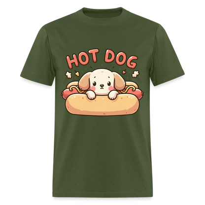 Hot Dog T-Shirt with Cute Puppy inside Hot Dog Bun - military green