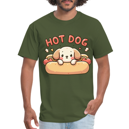 Hot Dog T-Shirt with Cute Puppy inside Hot Dog Bun - military green