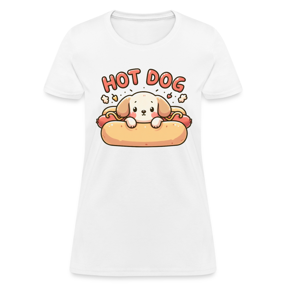 Hot Dog Women's Contoured T-Shirt with Cute Puppy inside Hot Dog Bun - white