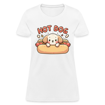 Hot Dog Women's Contoured T-Shirt with Cute Puppy inside Hot Dog Bun - white