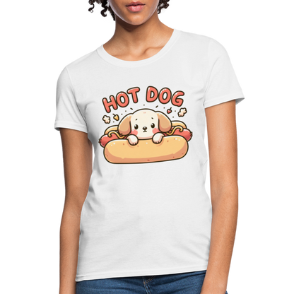 Hot Dog Women's Contoured T-Shirt with Cute Puppy inside Hot Dog Bun - white