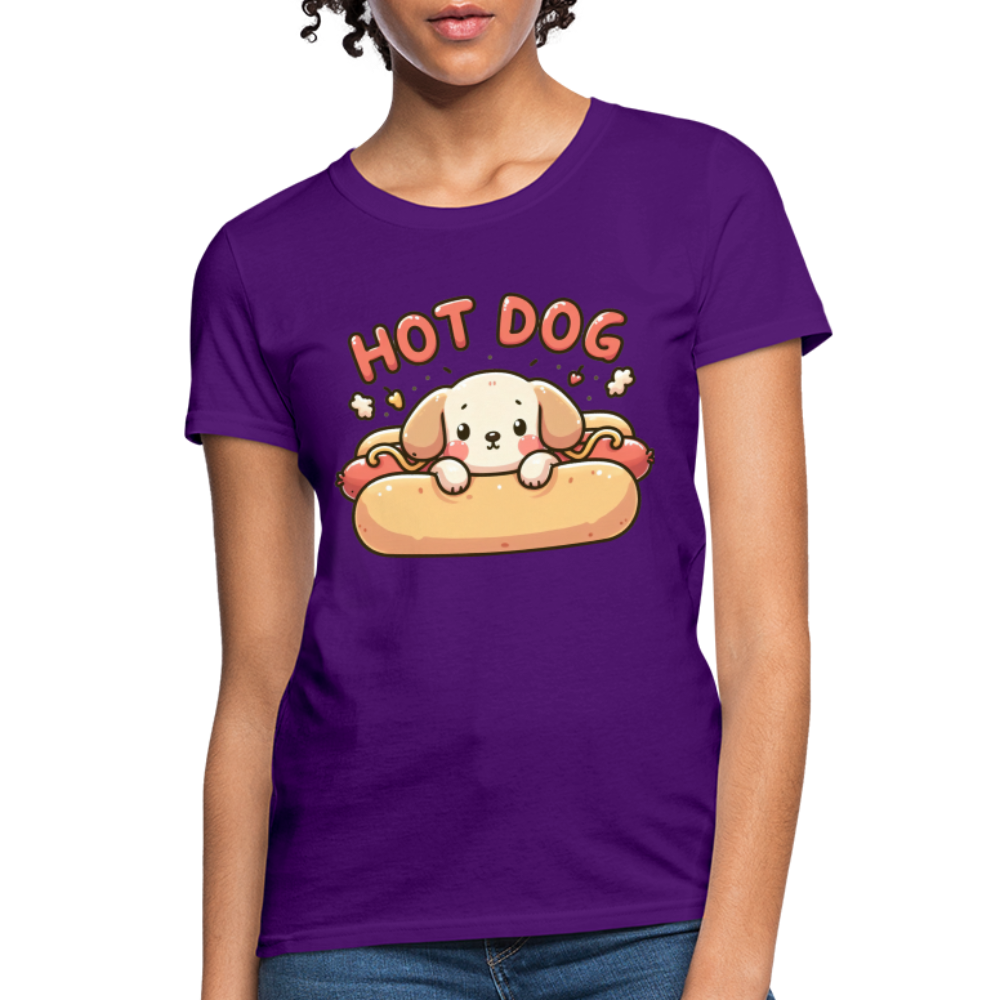 Hot Dog Women's Contoured T-Shirt with Cute Puppy inside Hot Dog Bun - purple