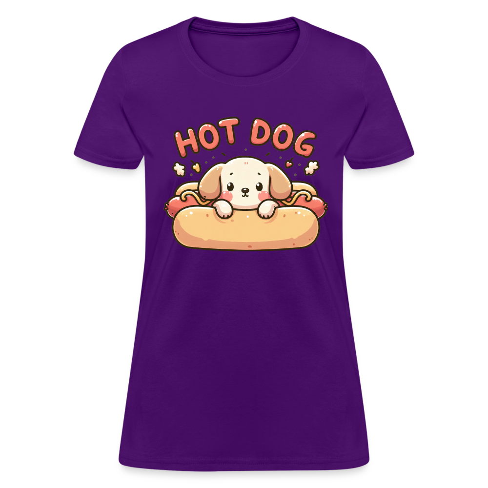 Hot Dog Women's Contoured T-Shirt with Cute Puppy inside Hot Dog Bun - purple