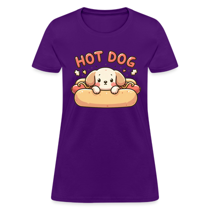 Hot Dog Women's Contoured T-Shirt with Cute Puppy inside Hot Dog Bun - purple