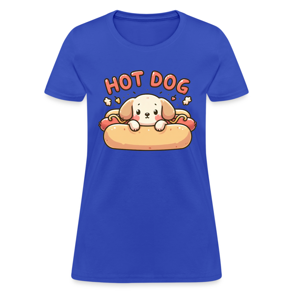 Hot Dog Women's Contoured T-Shirt with Cute Puppy inside Hot Dog Bun - royal blue