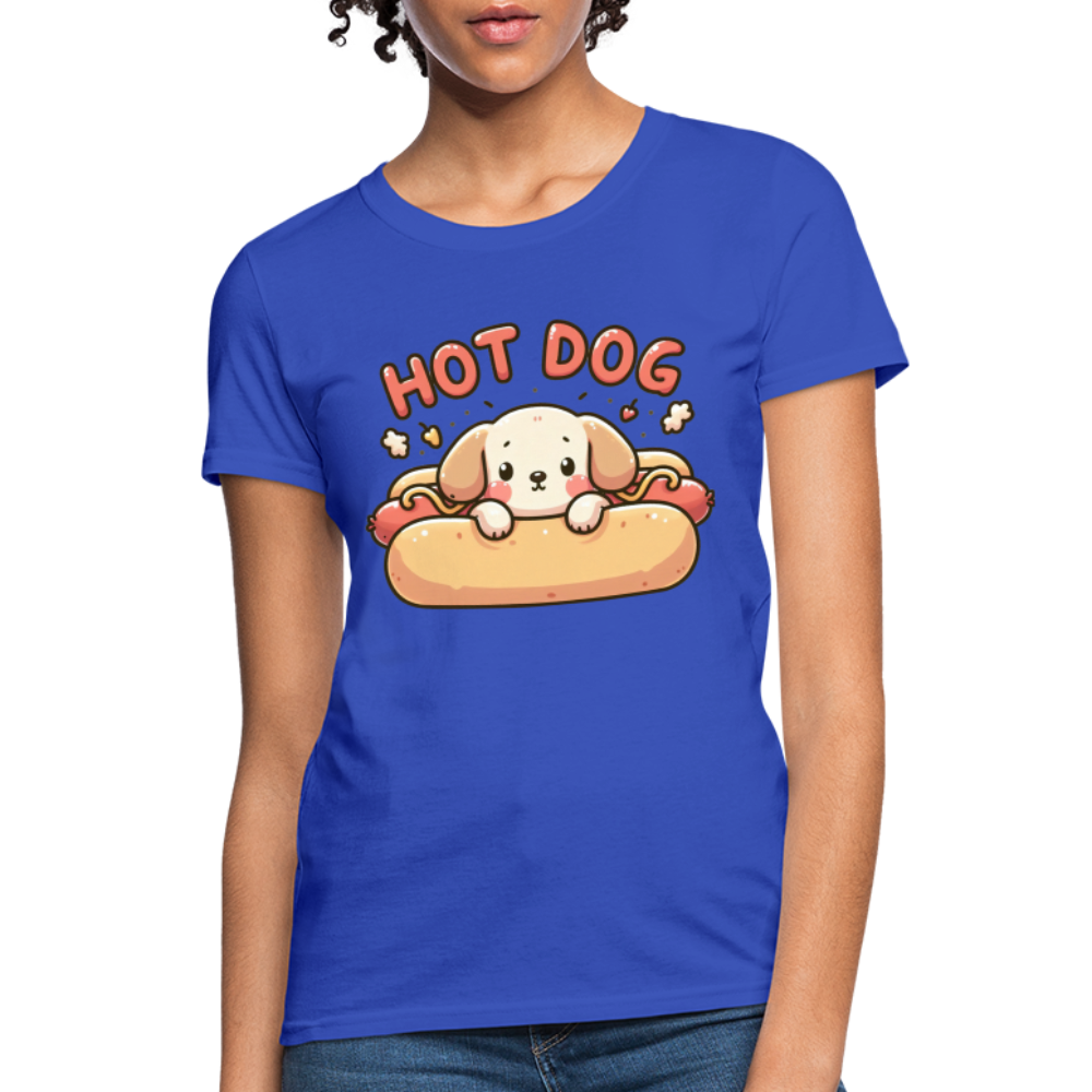 Hot Dog Women's Contoured T-Shirt with Cute Puppy inside Hot Dog Bun - royal blue